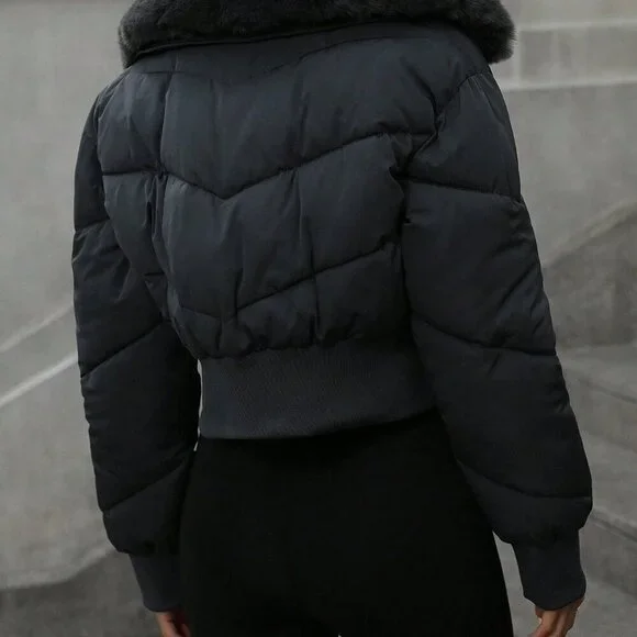 Dark Grey Chic Women's Cropped Collar Gathered Waist Faux Fur Trim Bomber Jacket - Picture 2 of 6